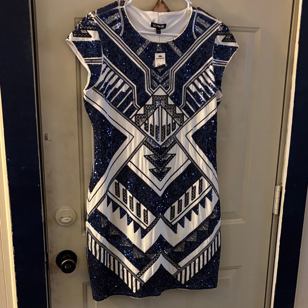 Express Navy and White Sequin Mini Dress